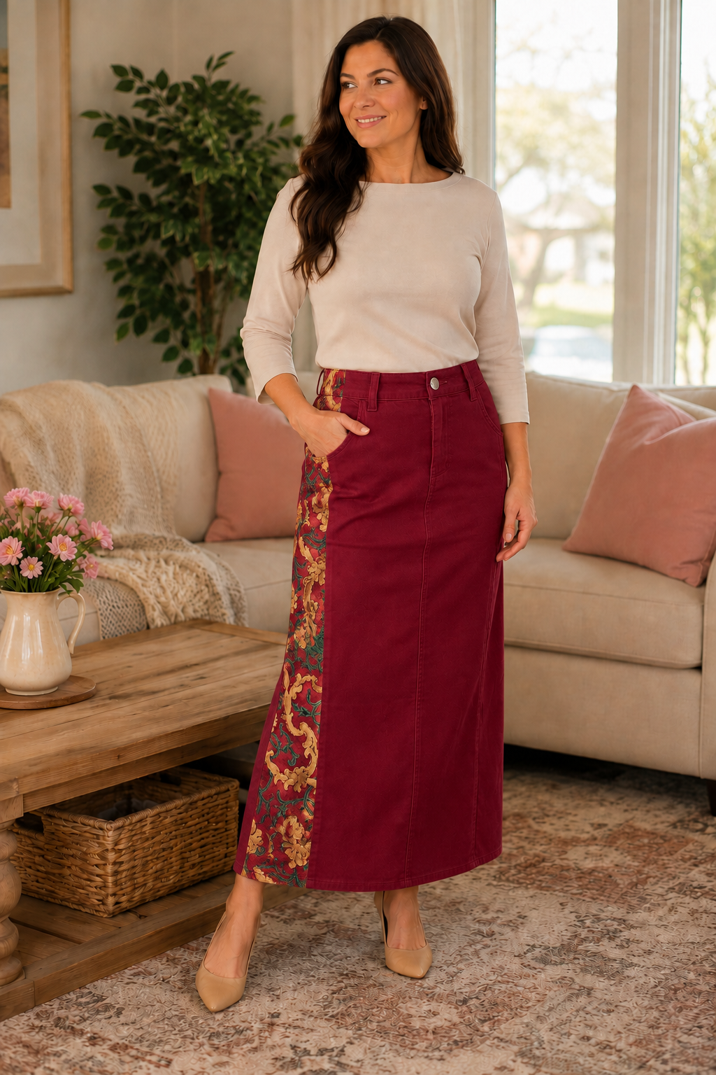 NEW! Cabernet/Floral "Boutique" Maxi Jean Skirt: S-5X