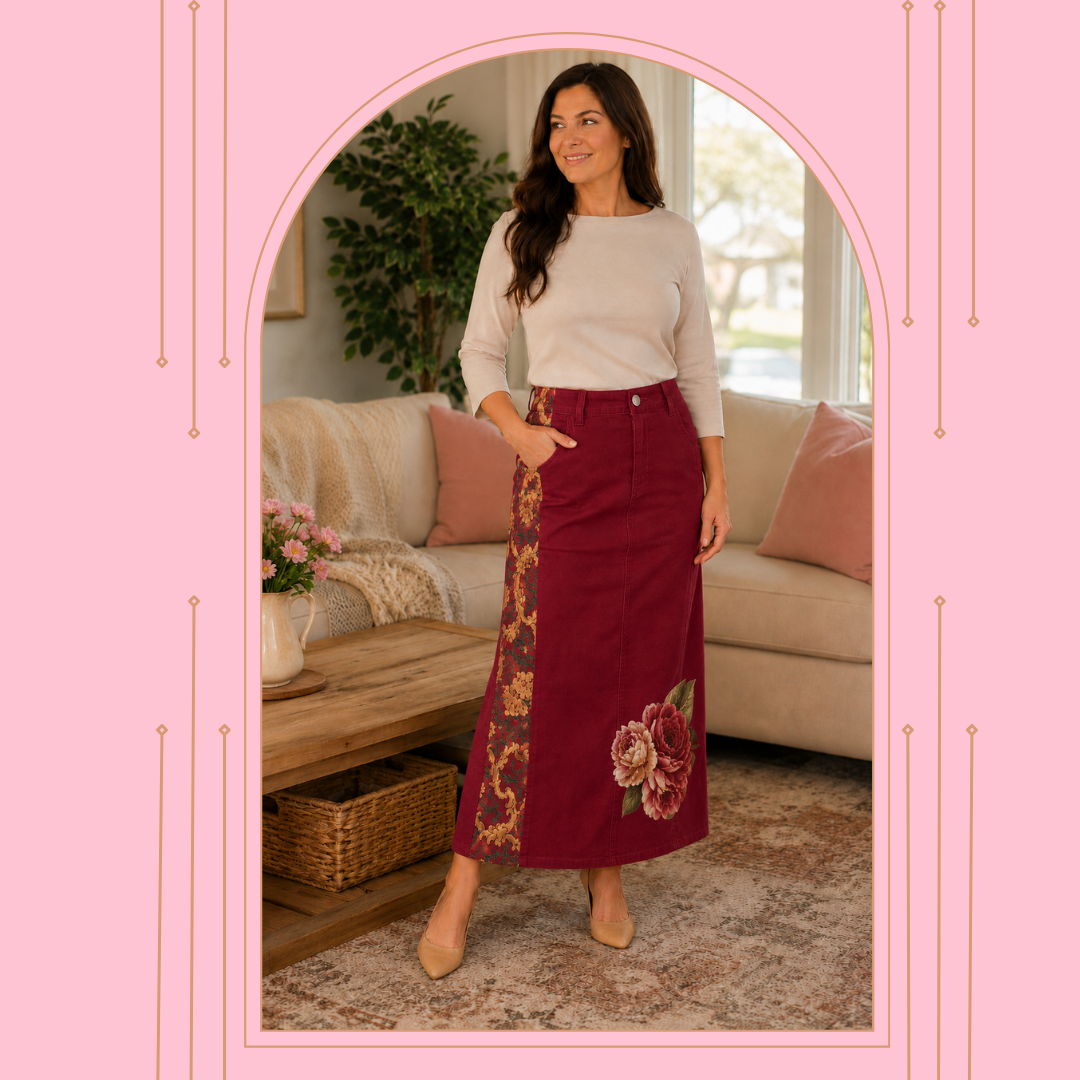 NEW! Cabernet/Floral "Boutique" Maxi Jean Skirt: S-5X