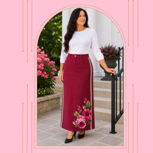 NEW! Cabernet/Floral "Boutique" Maxi Jean Skirt: S-5X