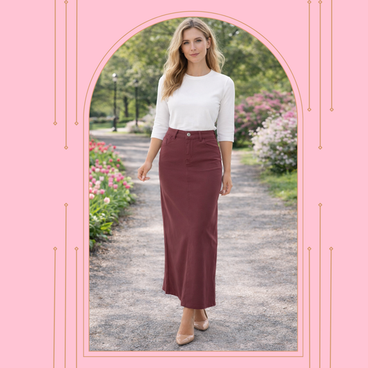 NEW! Cabernet Maxi Jean Skirt: S-3X  Arriving in Stock: 4/14