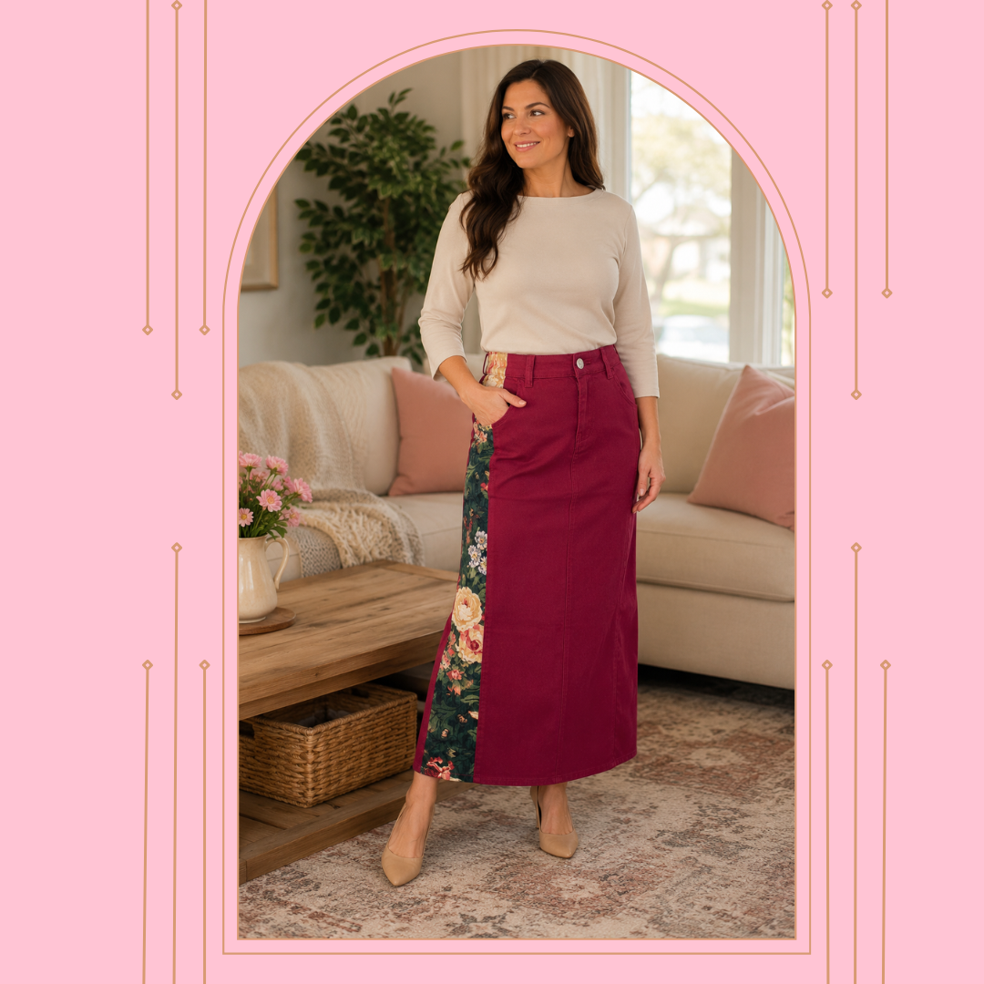 NEW! Cabernet/Floral "Boutique" Maxi Jean Skirt: S-3X