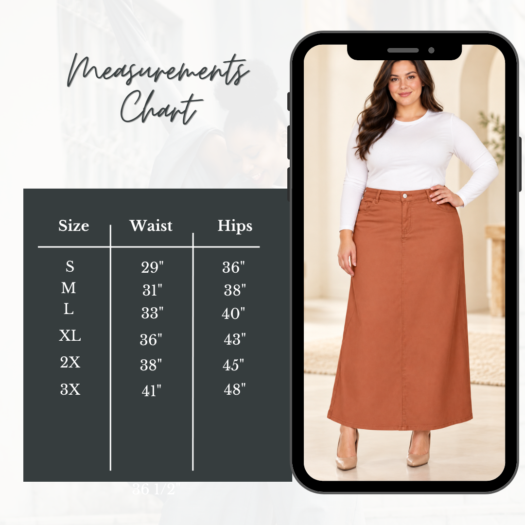 NEW!  "Caramel" Maxi Jean Skirt! S-3X  Arriving in Stock: 10/23