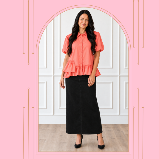 "Charity"  Black Maxi Jean Skirt: S-3X (Select sizes arriving back in stock: 9/24)