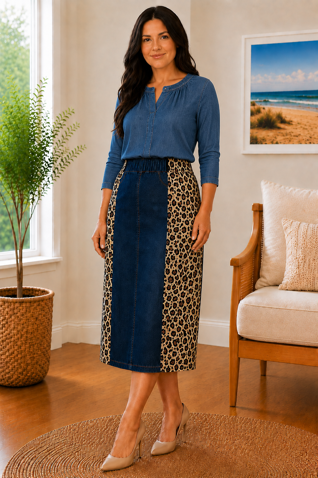 NEW! Dark Indigo/Leopard Print 27" Jean Skirt: S-3X