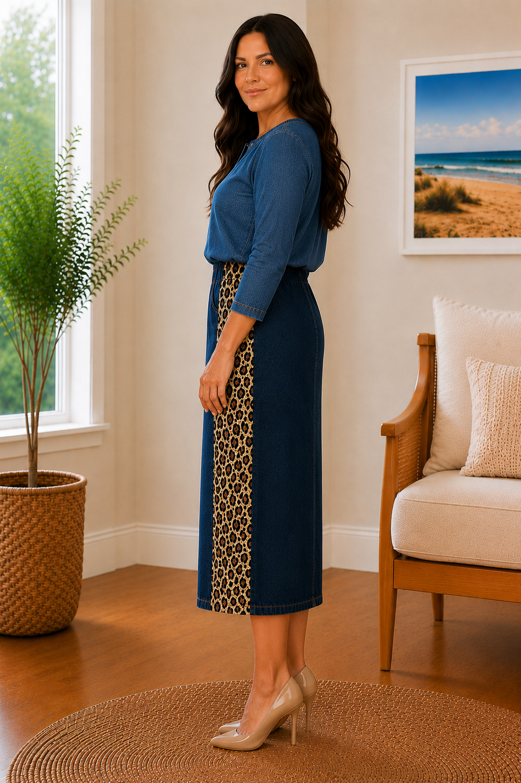 NEW! Dark Indigo/Leopard Print 27" Jean Skirt: S-3X