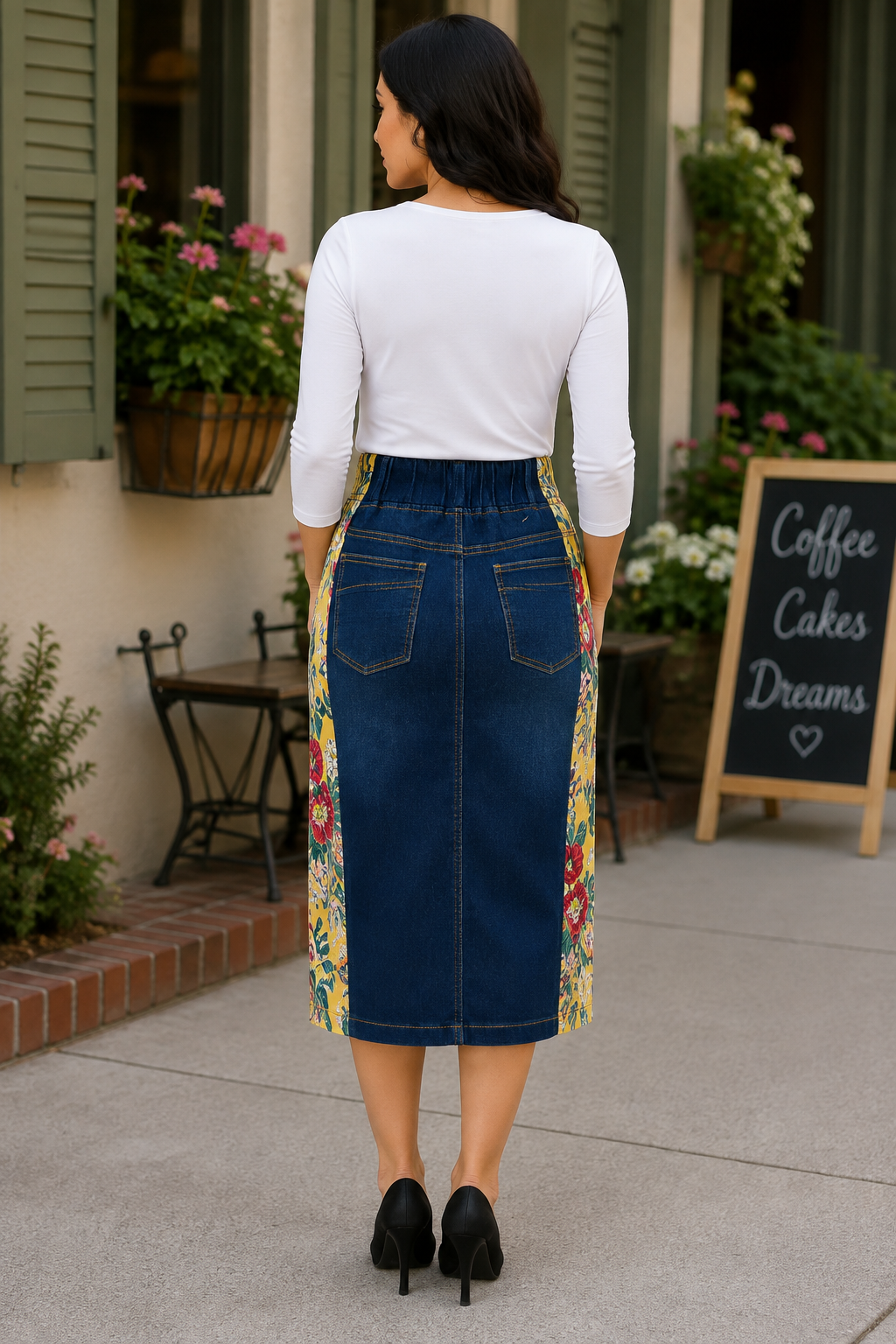 NEW! Dark Indigo Yellow Floral Jean Skirt! (Elastic Waist) S-3X