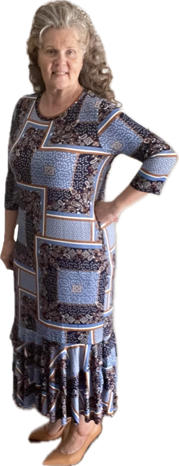 Camel/Blue Paisley  Ruffle Dress: S-M. FINAL SALE! Cannot Be Returned!