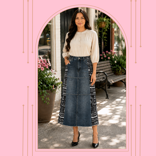 NEW! "Ebony" Black Wash/ " Jesus" Theme Print- 32" Jean Skirt: S-3X