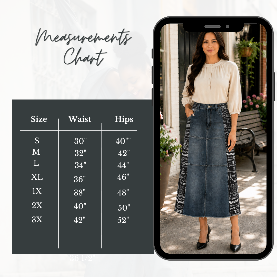 NEW! "Ebony" Black Wash/ " Jesus" Theme Print- 32" Jean Skirt: S-3X