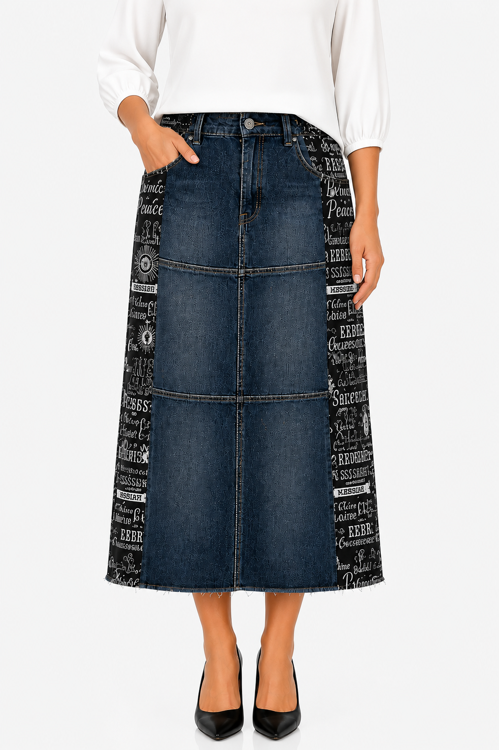 NEW! "Ebony" Black Wash/ " Jesus" Theme Print- 32" Jean Skirt: S-3X