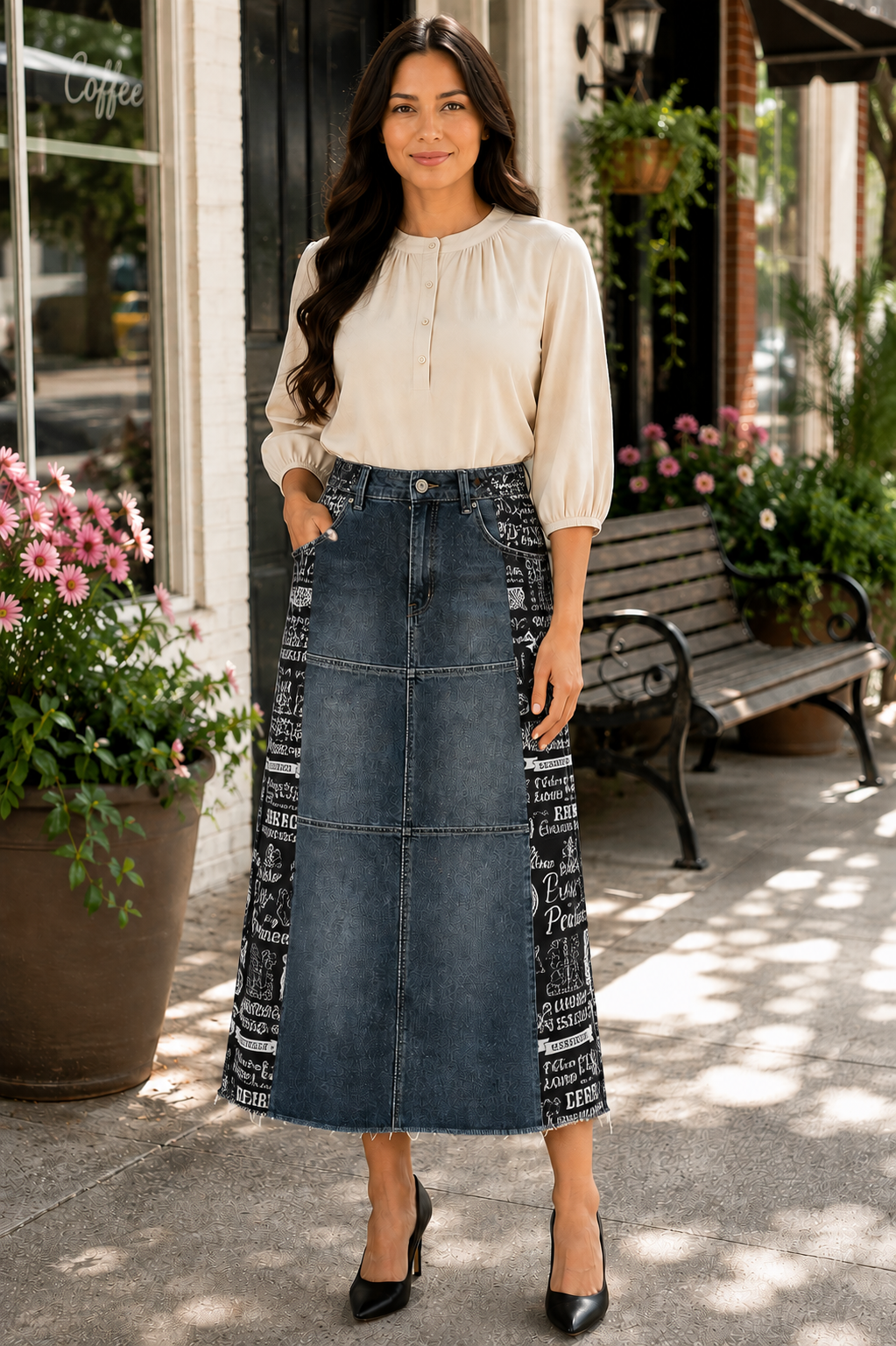 NEW! "Ebony" Black Wash/ " Jesus" Theme Print- 32" Jean Skirt: S-3X