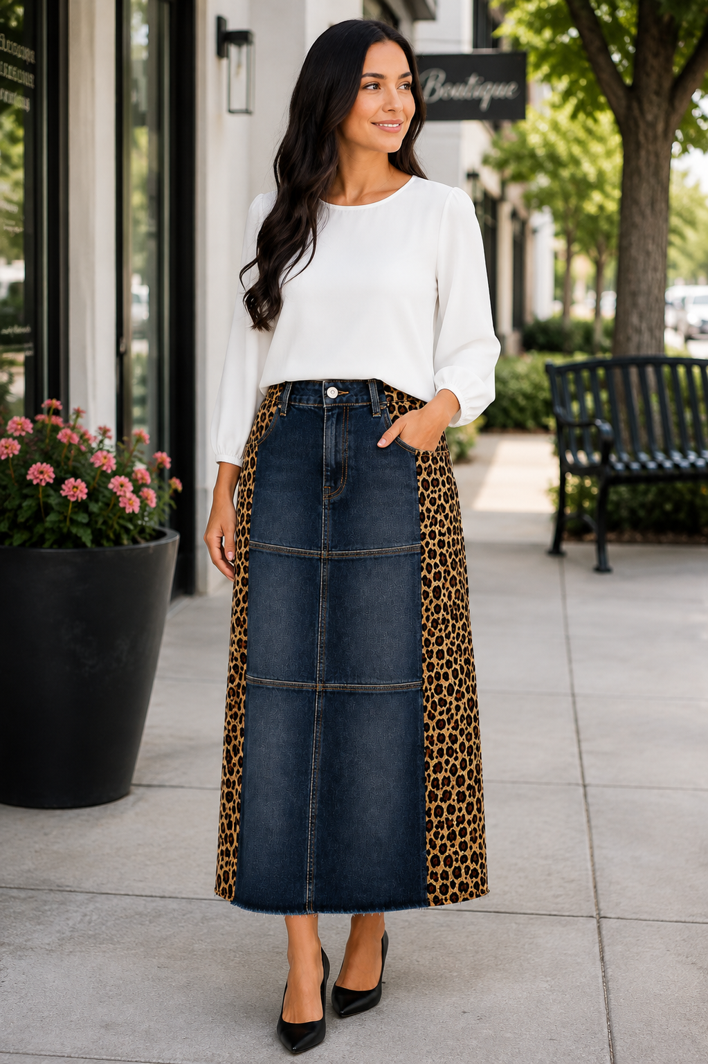 NEW! "Ebony" Black Wash/Leopard Print 32" Jean Skirt: S-3X