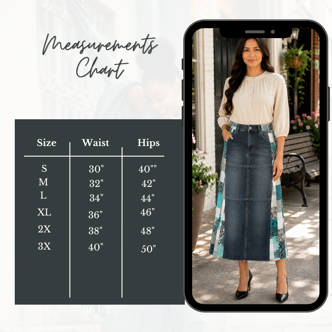 NEW! "Ebony" Black Wash/Teal 32" Jean Skirt- S-3X