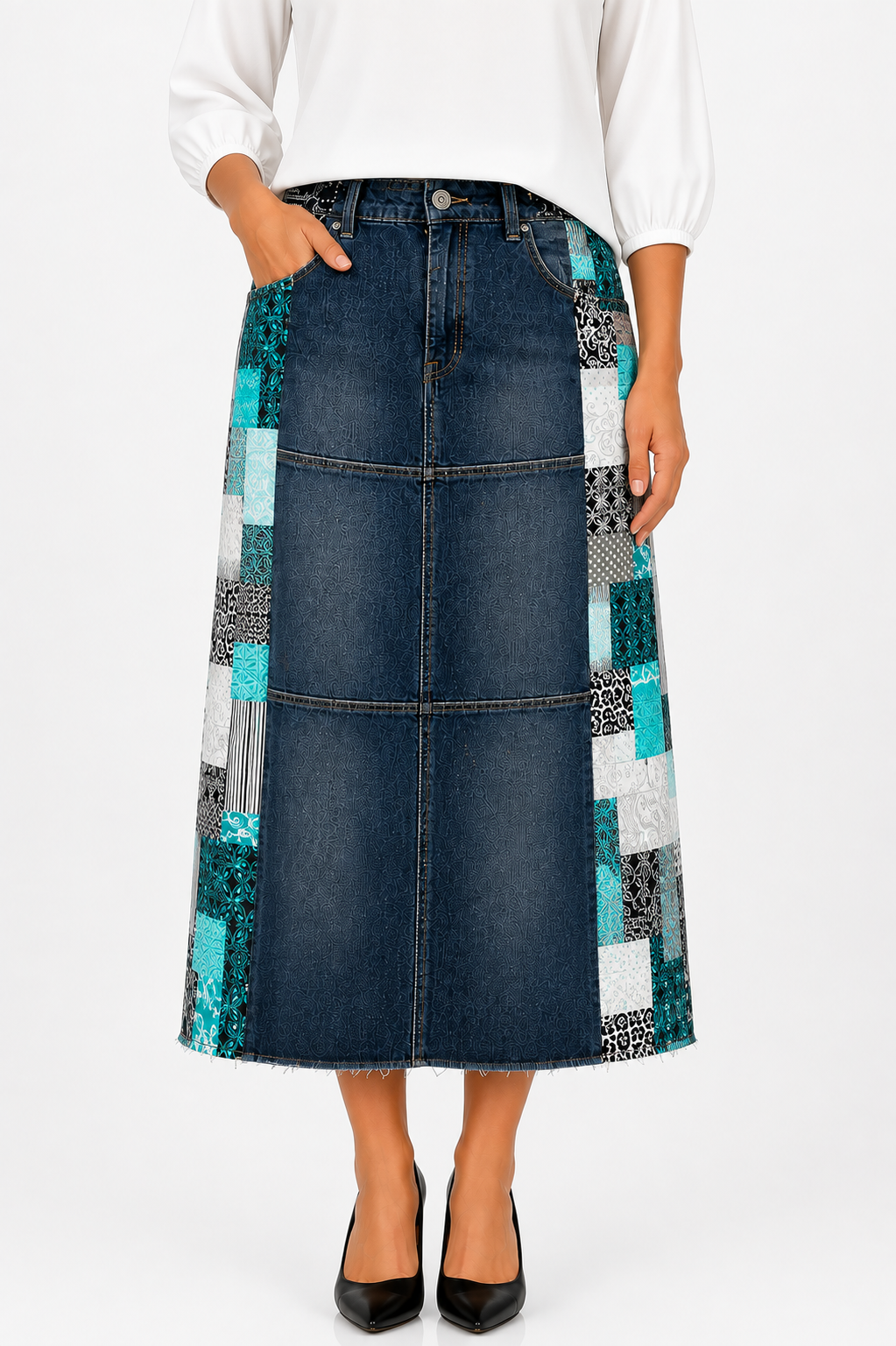 NEW! "Ebony" Black Wash/Teal 32" Jean Skirt- S-3X