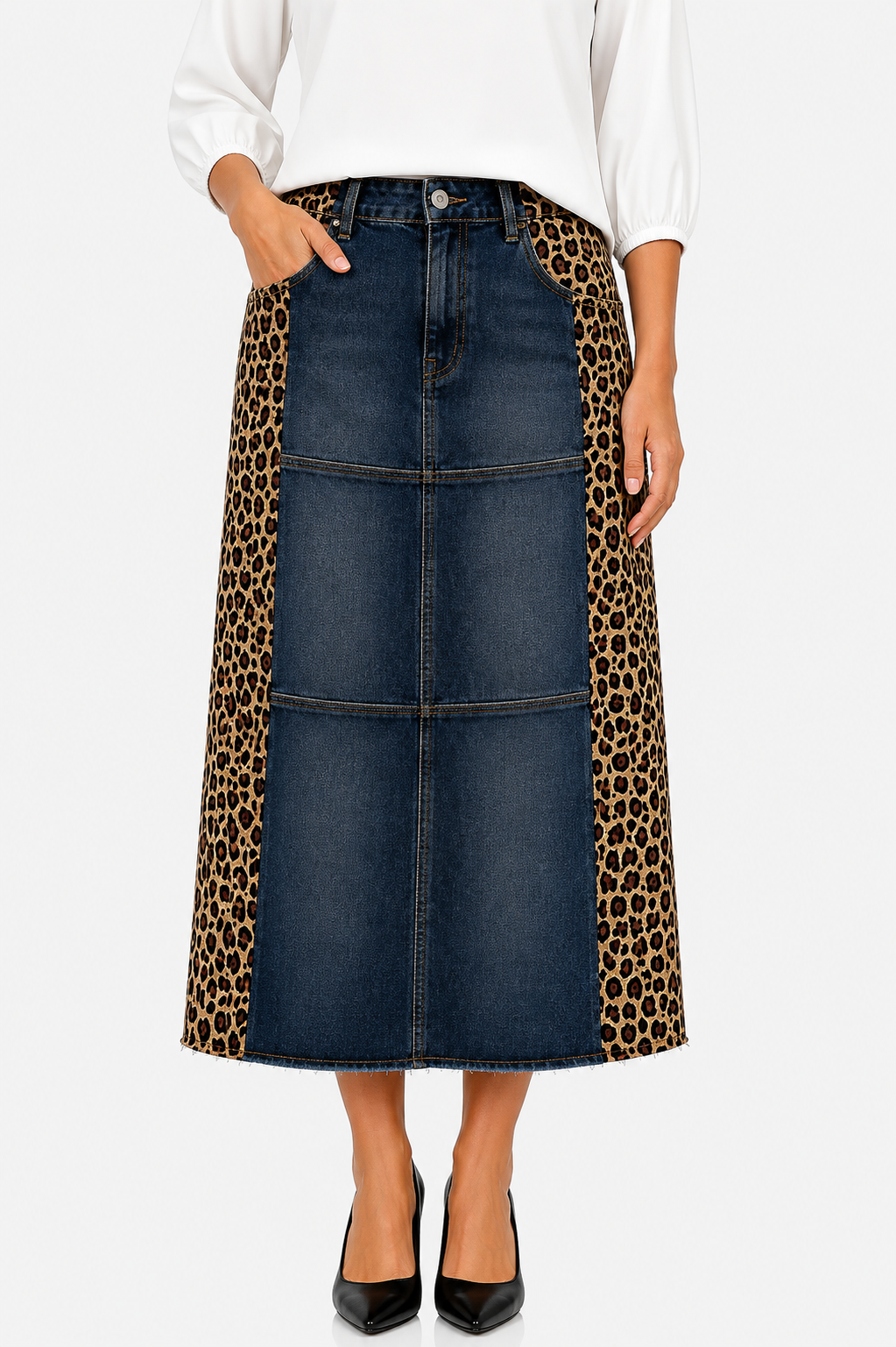 NEW! "Ebony" Black Wash/Leopard Print 32" Jean Skirt: S-3X