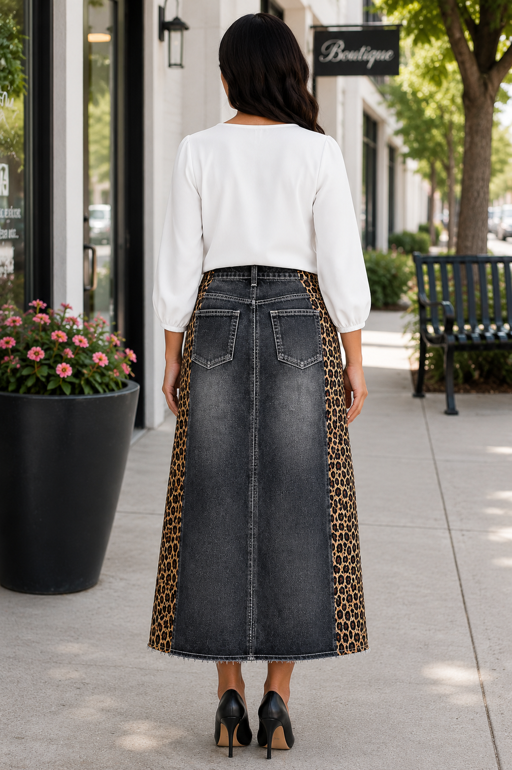 NEW! "Ebony" Black Wash/Leopard Print 32" Jean Skirt: S-3X