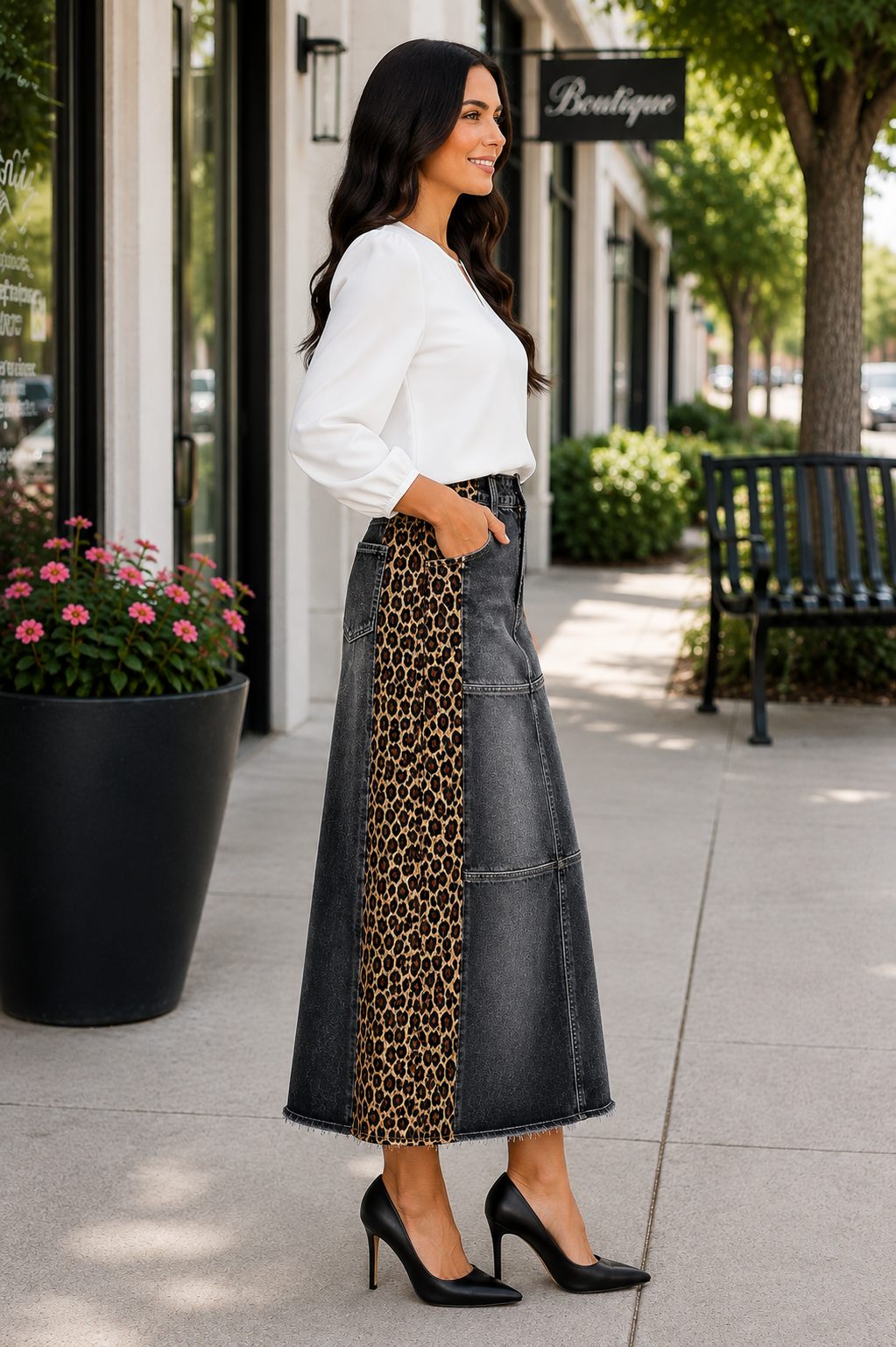 NEW! "Ebony" Black Wash/Leopard Print 32" Jean Skirt: S-3X