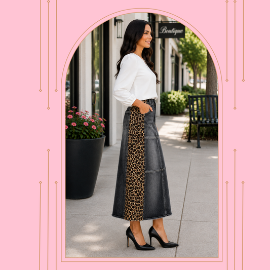 NEW! "Ebony" Black Wash/Leopard Print 32" Jean Skirt: S-3X