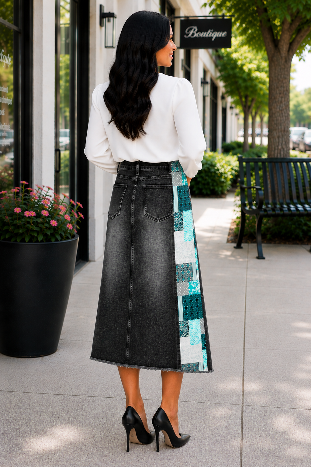 NEW! "Ebony" Black Wash/Teal 32" Jean Skirt- S-3X
