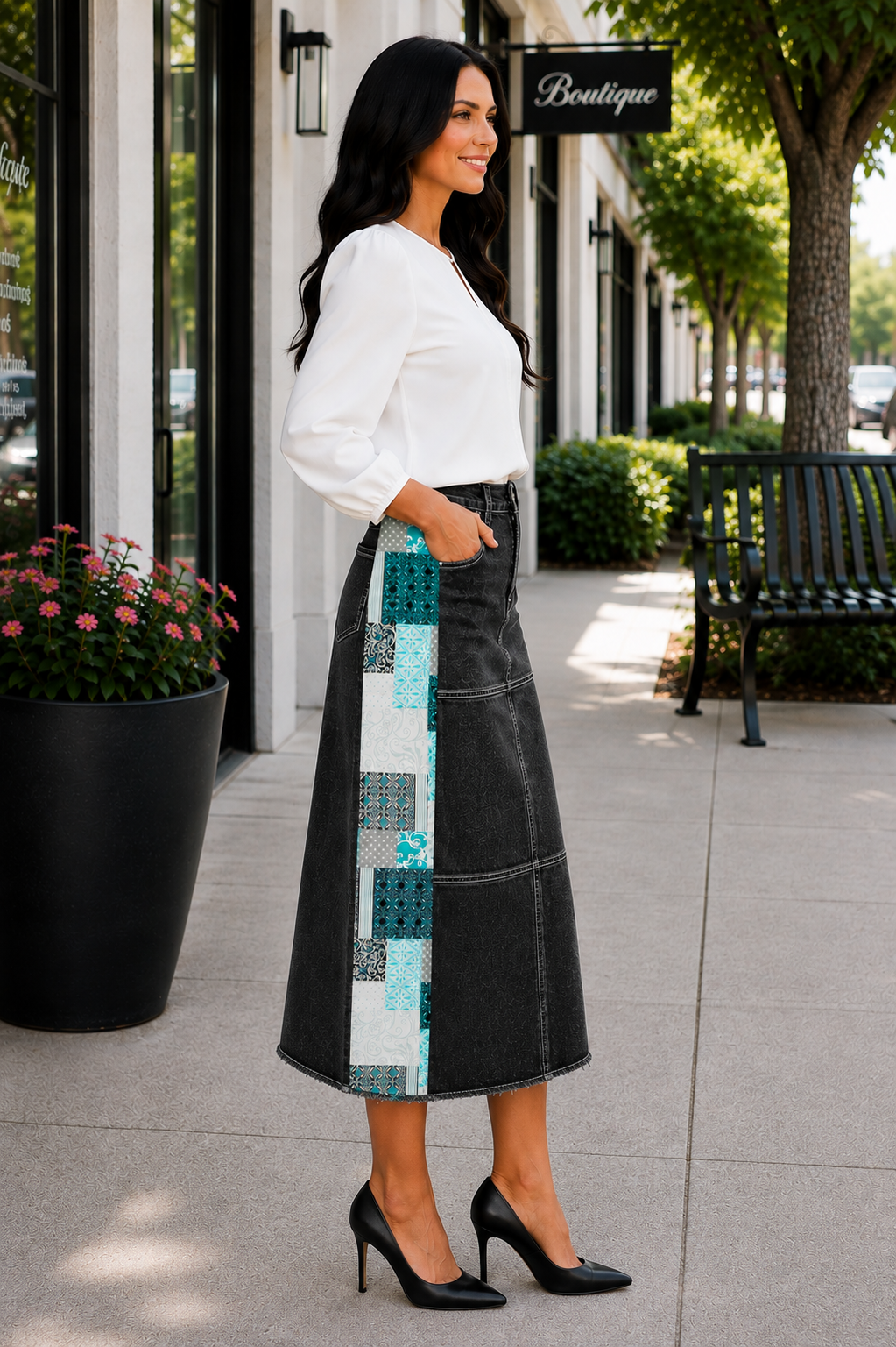 NEW! "Ebony" Black Wash/Teal 32" Jean Skirt- S-3X