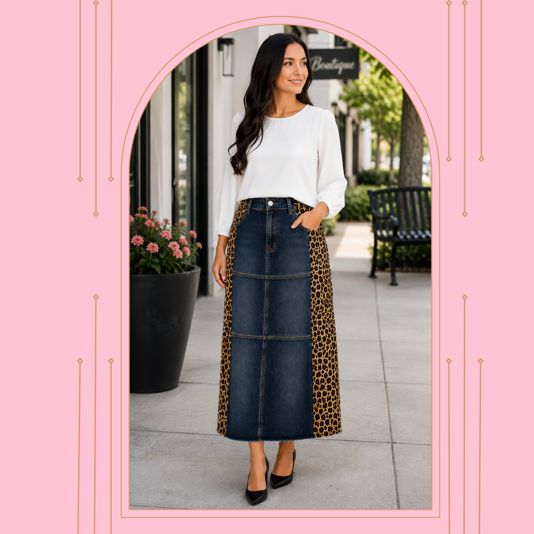 NEW! "Ebony" Black Wash/Leopard Print 32" Jean Skirt: S-3X