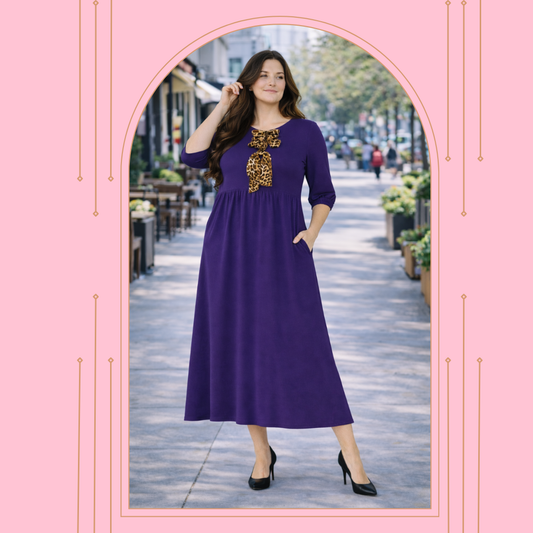 New! "Elsie"  Eggplant/Leopard Bow Dress: S-3X  Arriving in Stock: 4/4