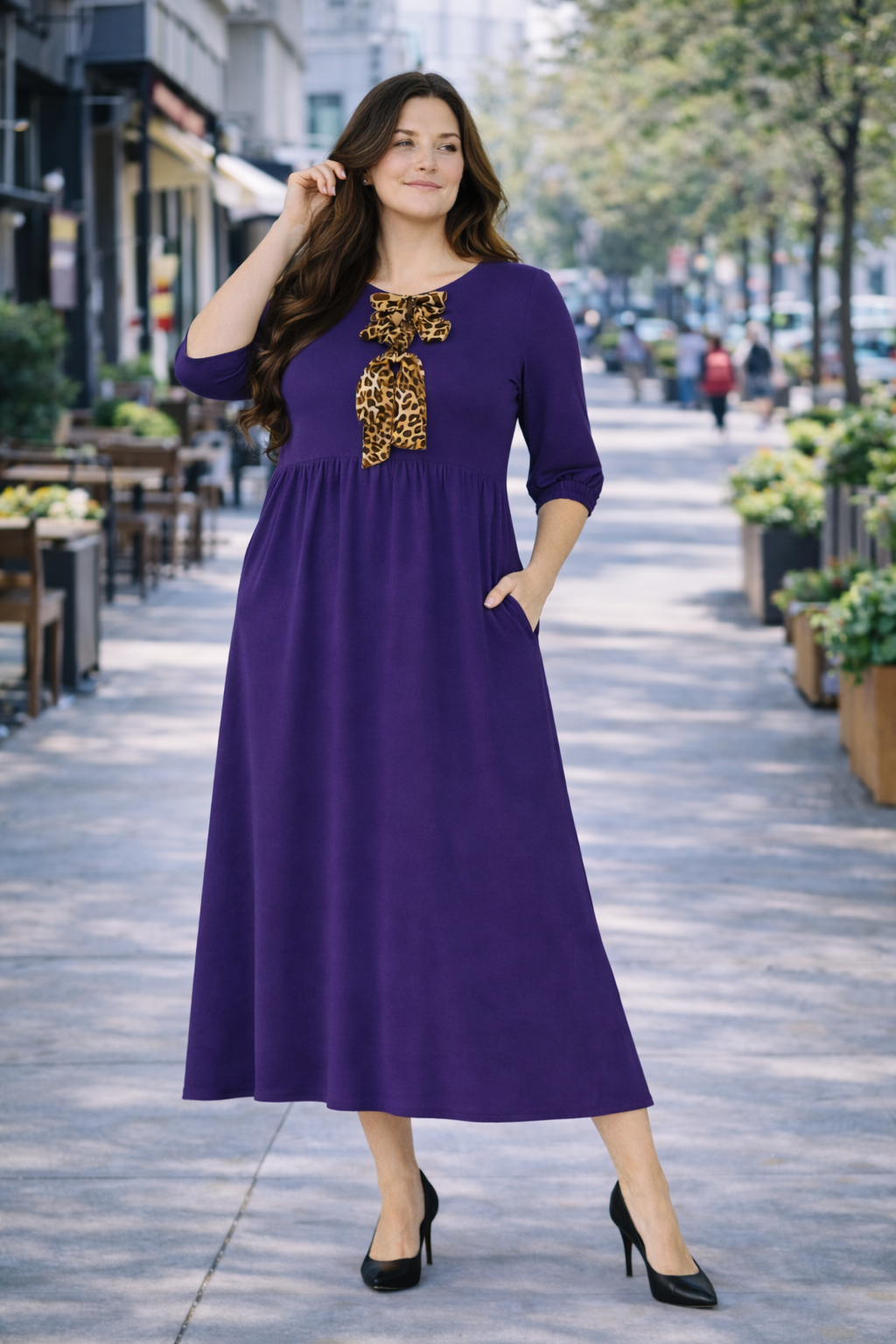 New! "Elsie"  Eggplant/Leopard Bow Dress: S-3X  Arriving in Stock: 4/4