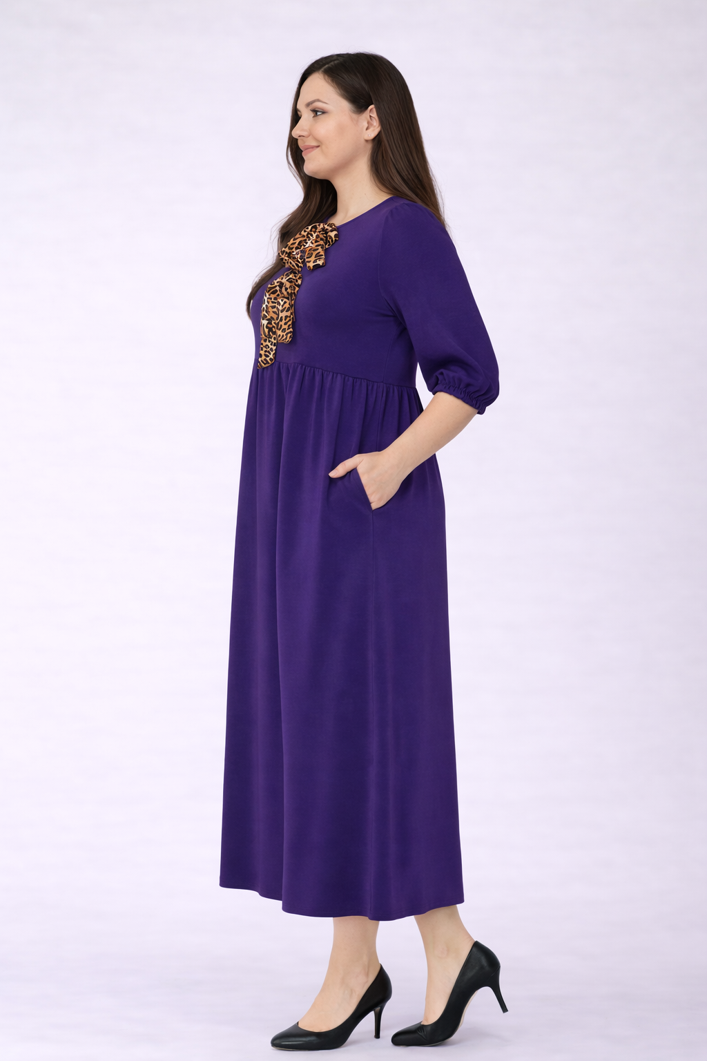 New! "Elsie"  Eggplant/Leopard Bow Dress: S-3X  Arriving in Stock: 4/4