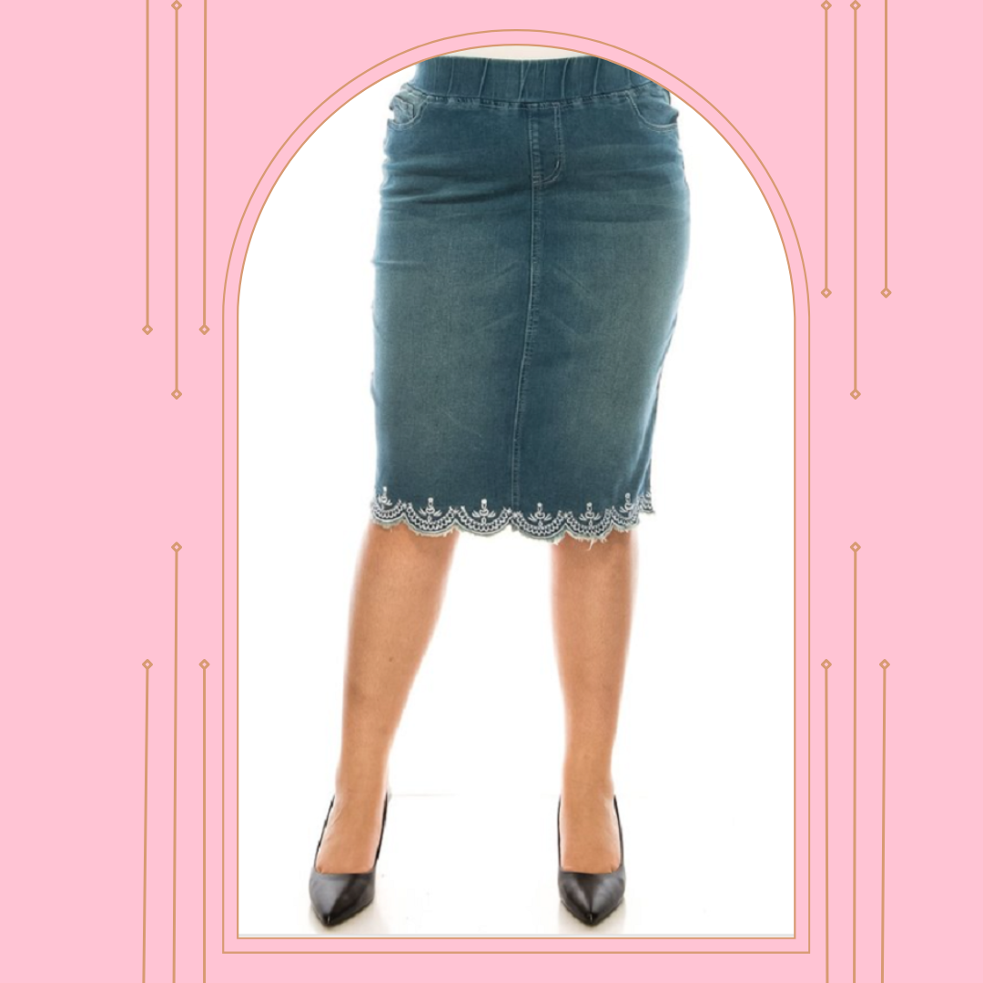 Embroidered Hem (ELASTIC WAIST)  Midi Jean Skirt: XS-S( Can Be Returned For Size Exchange Only!) (Copy)