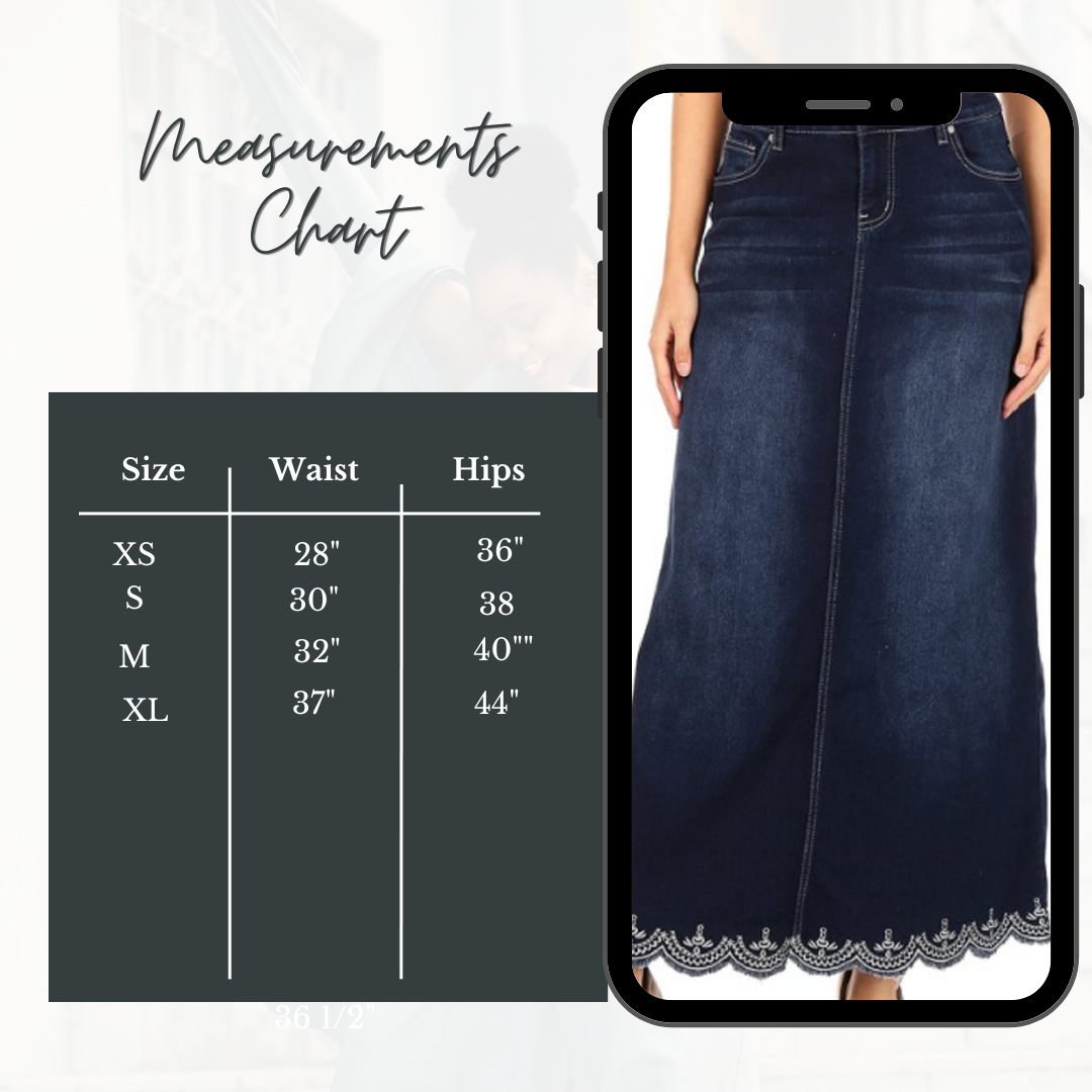 Embroidered Hem (Zipper Front)  Maxi Denim Skirt: XS-S & XL Best Selling! ( Final Sale! Cannot Be Returned!)