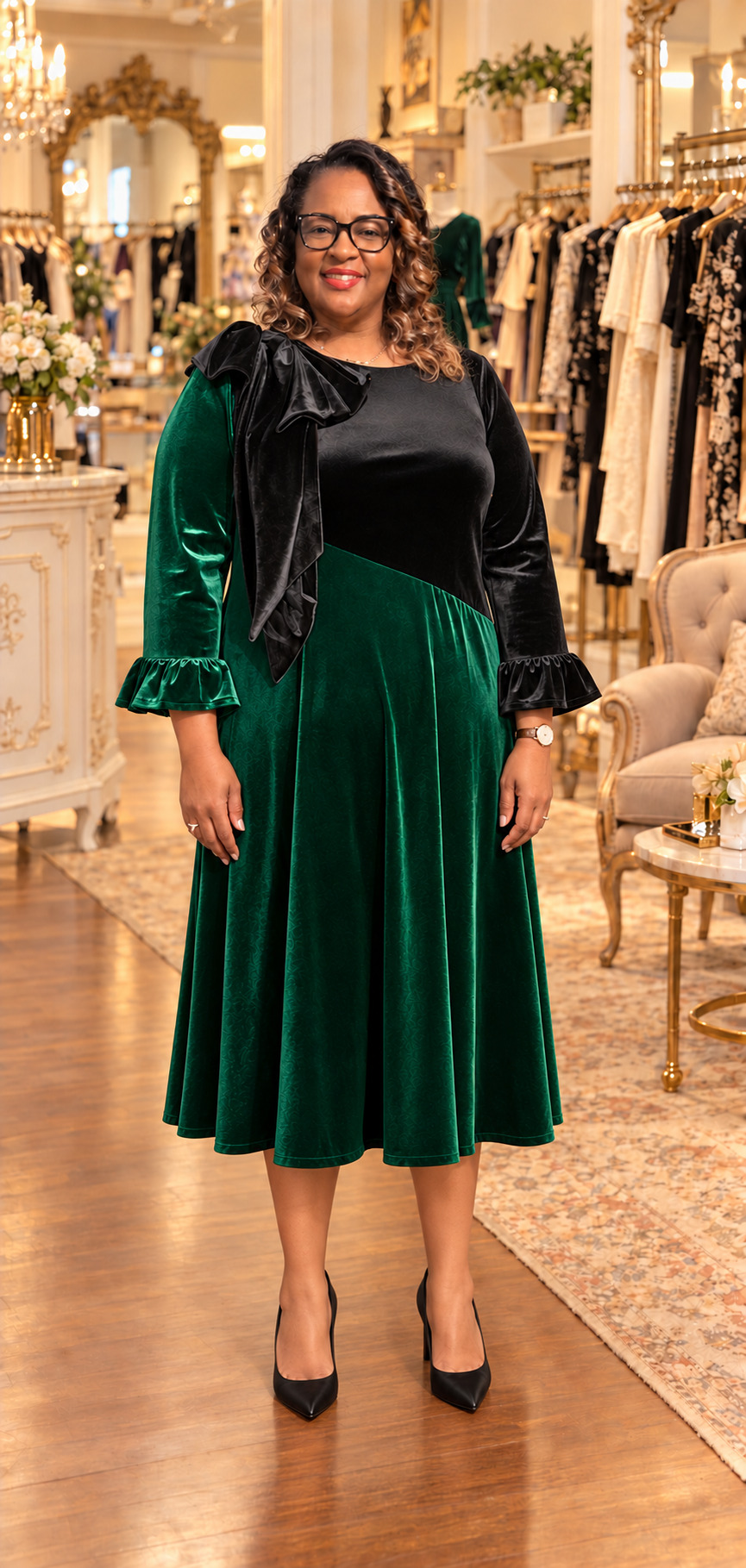 Green/Black Velvet Dress! M-3X. FINAL SALE! Cannot Be Returned!