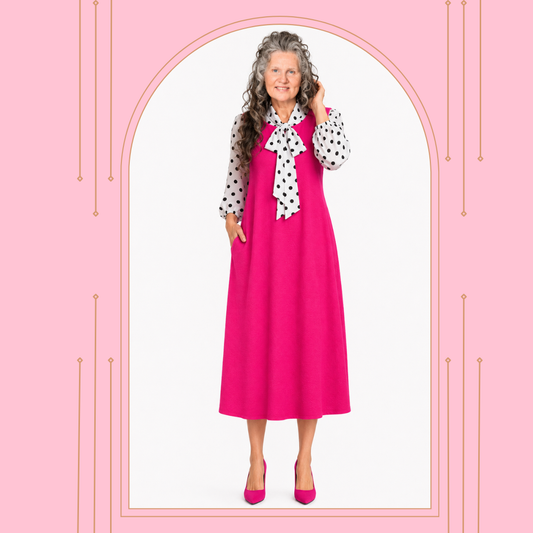 NEW! "Heather" Fuchsia/White Polka Bow Dress: S-3X. In Stock!