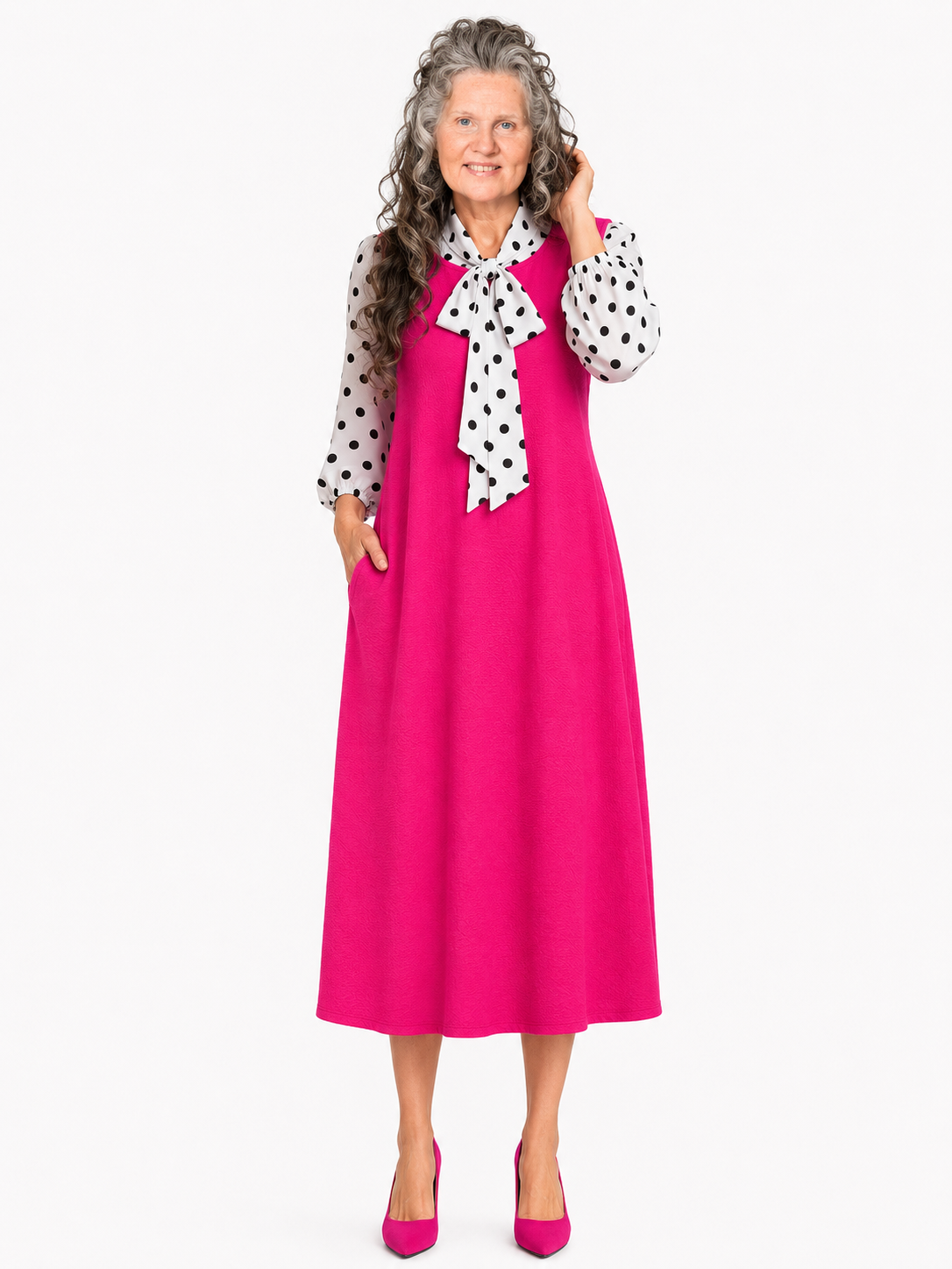 NEW! "Heather" Fuchsia/White Polka Bow Dress: S-3X. In Stock!