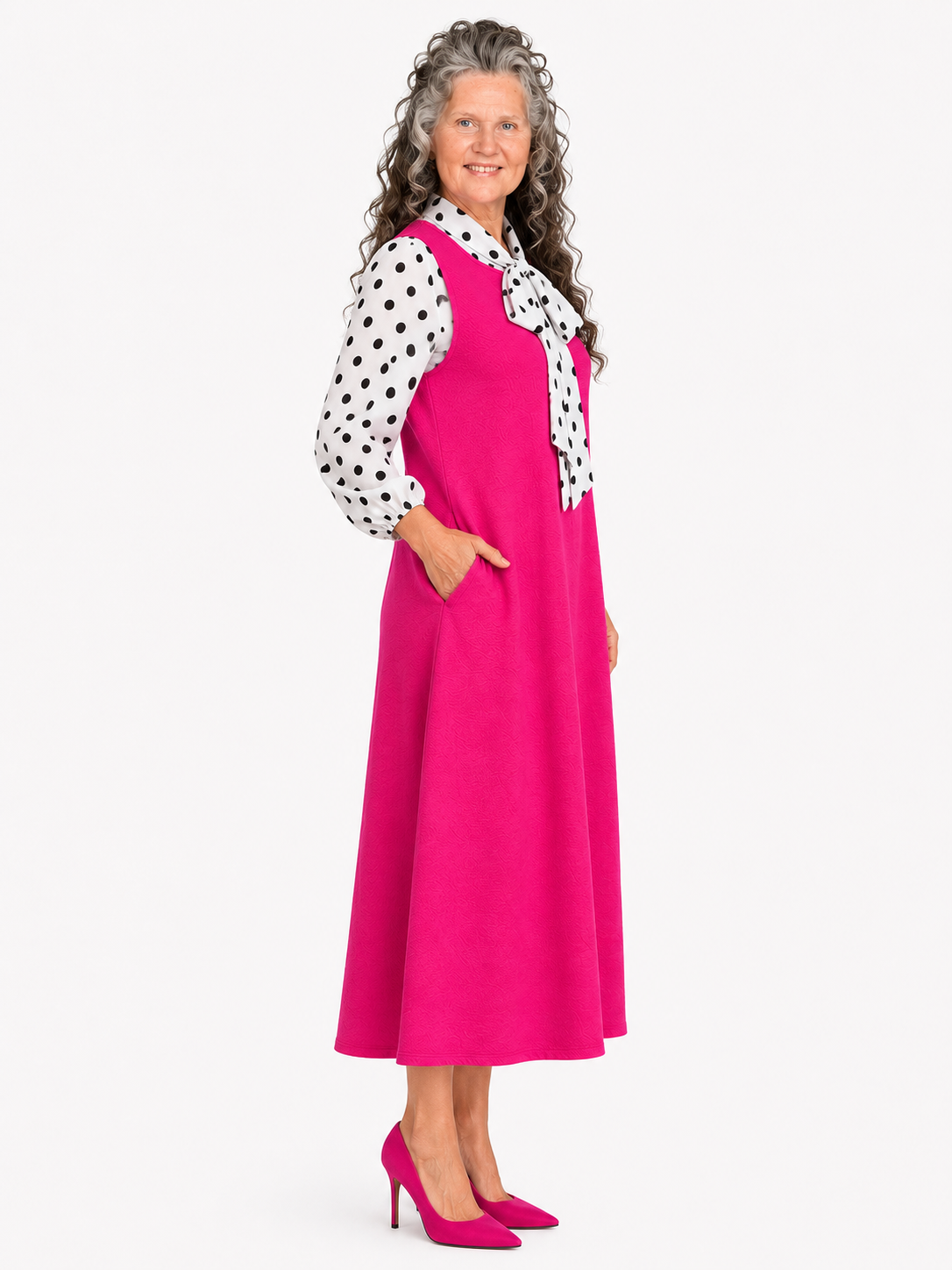 NEW! "Heather" Fuchsia/White Polka Bow Dress: S-3X. In Stock!
