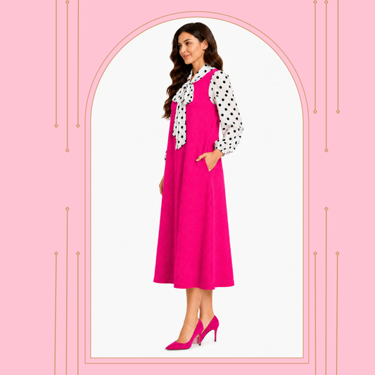 NEW! "Heather" Fuchsia/White Polka Bow Dress: S-3X. In Stock!