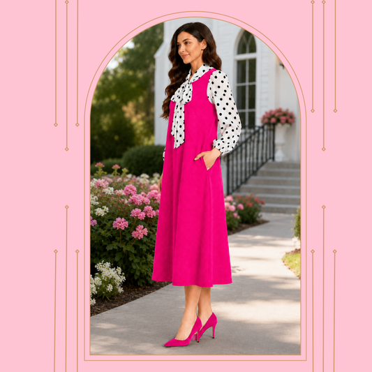 “Heather" Fuchsia/White Polka Bow Dress: S-3X Final Sale!  Cannot be Returned!