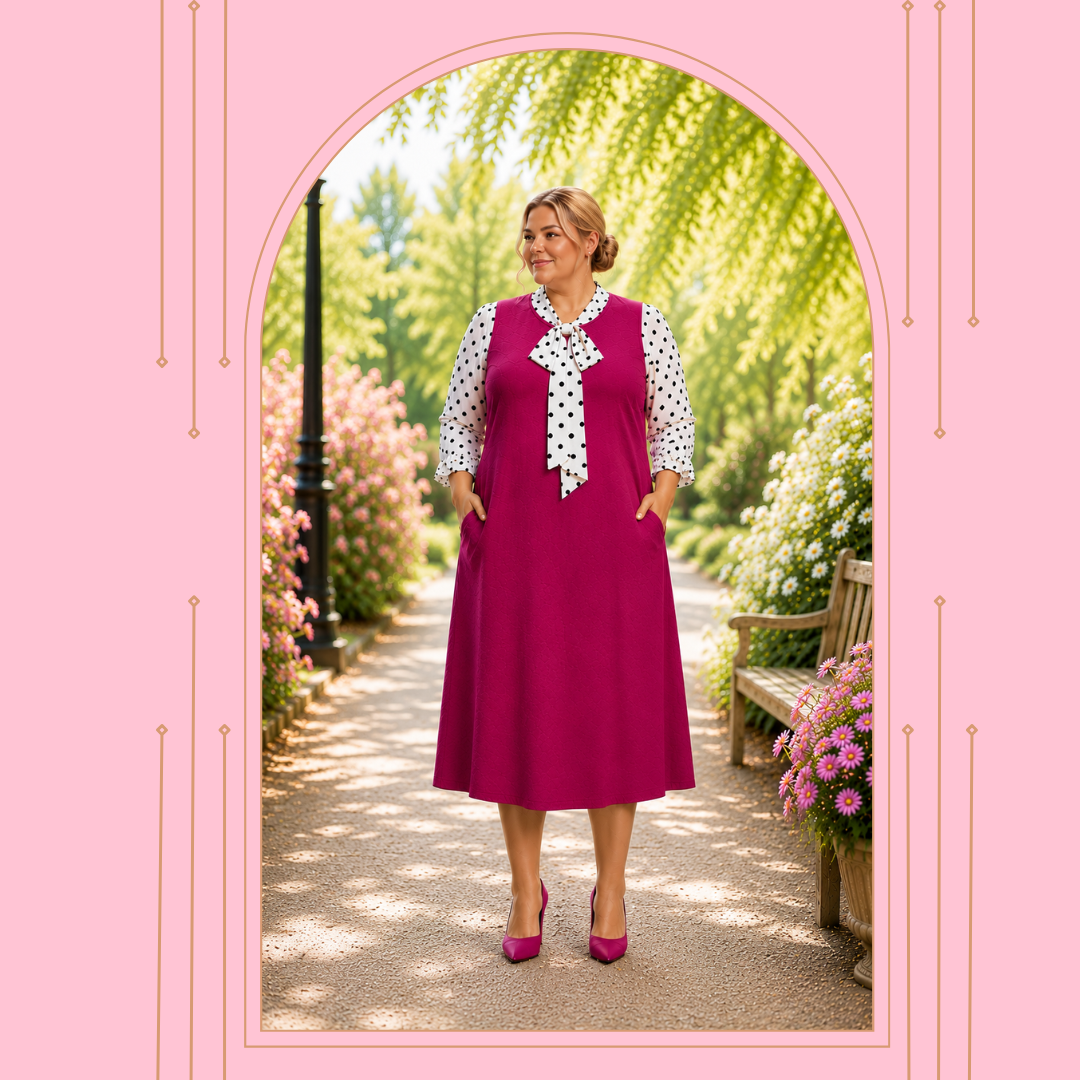 NEW! "Heather" Fuchsia/White Polka Bow Dress: S-3X. In Stock!