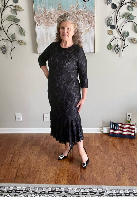 BLACK LACE MIDI DRESS WITH LINING  S-M, XL & 3X  FINAL SALE! Cannot Be Returned!