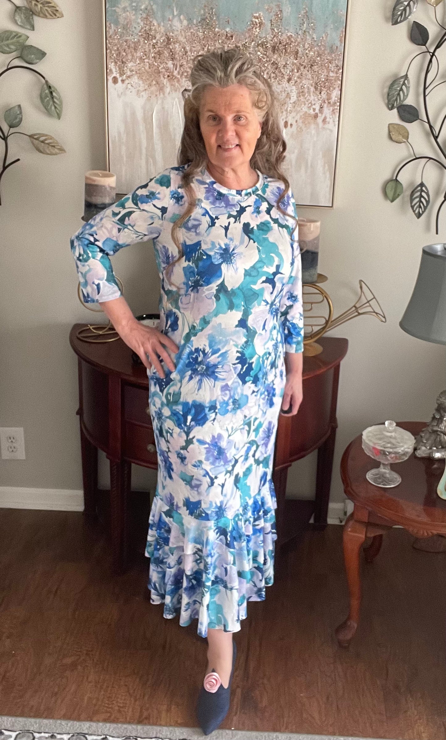 BLUE FLORAL RUFFLE TIERED MIDI DRESS -S & L FINAL SALE! Cannot Be Returned!