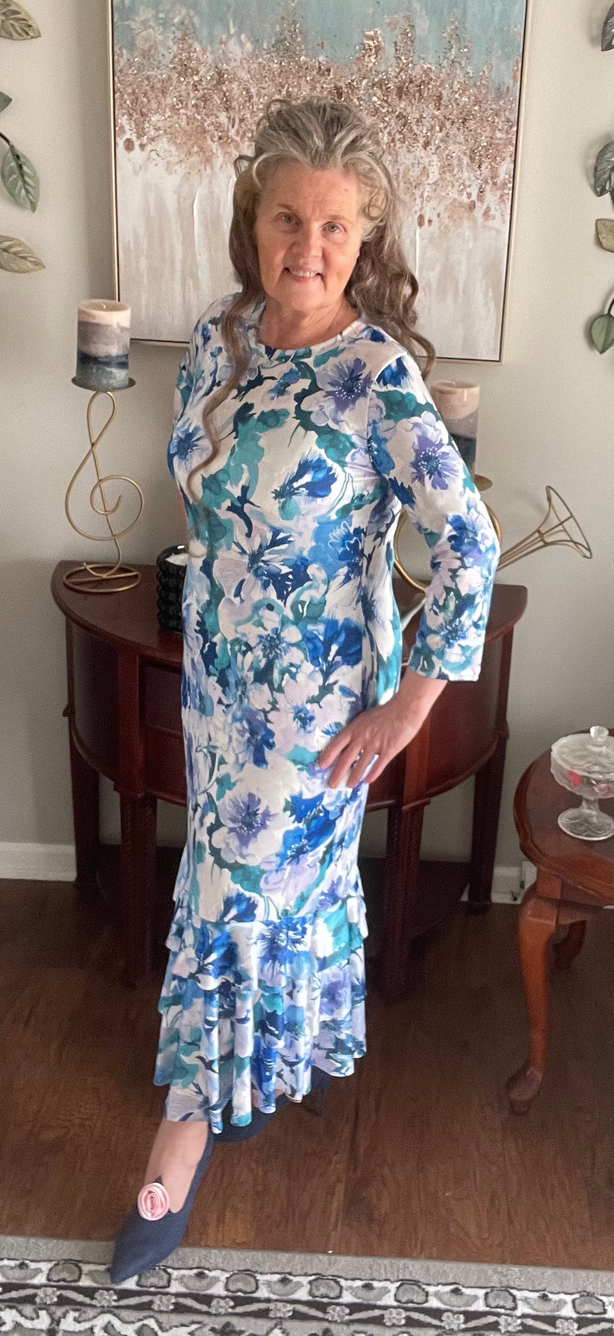 BLUE FLORAL RUFFLE TIERED MIDI DRESS -S & L FINAL SALE! Cannot Be Returned!