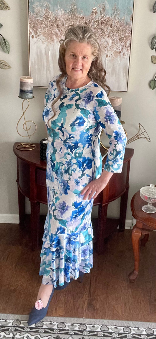 BLUE FLORAL RUFFLE TIERED MIDI DRESS -S-M FINAL SALE! Cannot Be Returned!