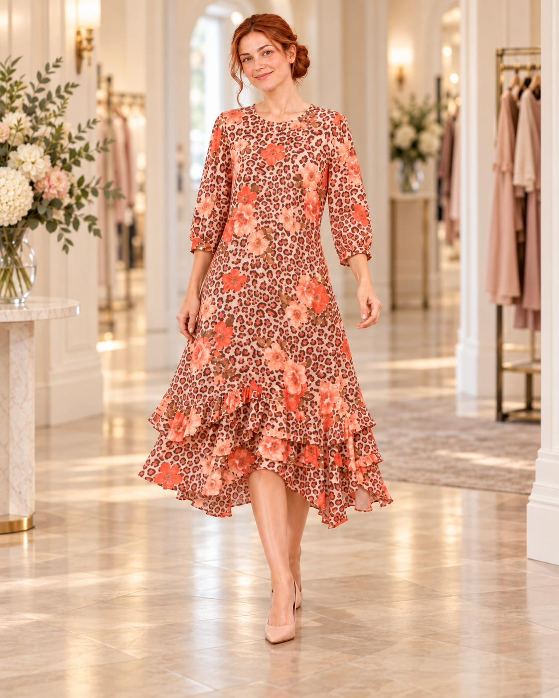 "Georgia" Peach Leopard Dress: S-3X
