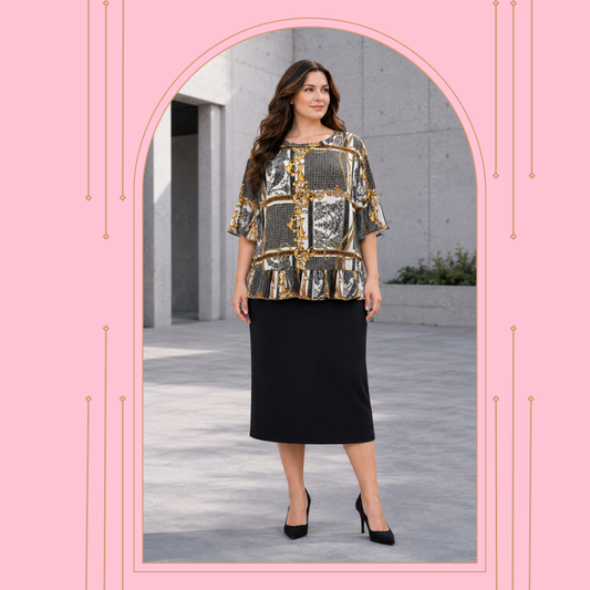 Gold Print Top:  1X:  Final Sale! Cannot Be Returned!
