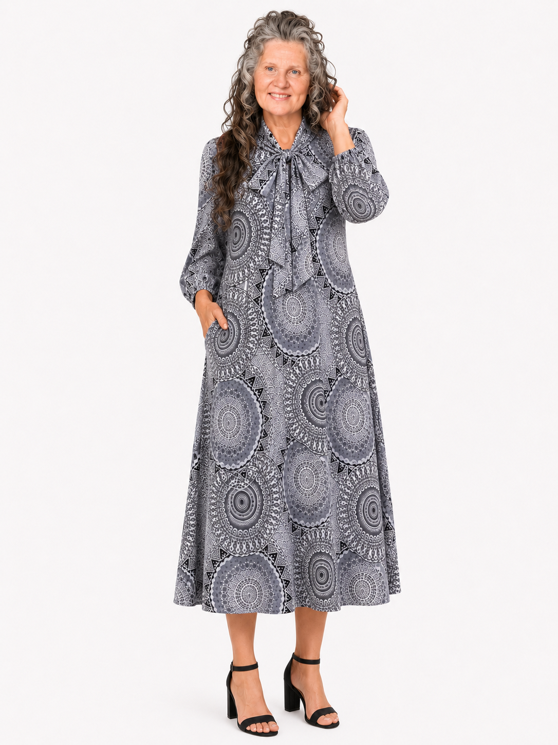 "Gretchen" Gray Print Aline Dress: 3X Final Sale! Cannot Be Returned!