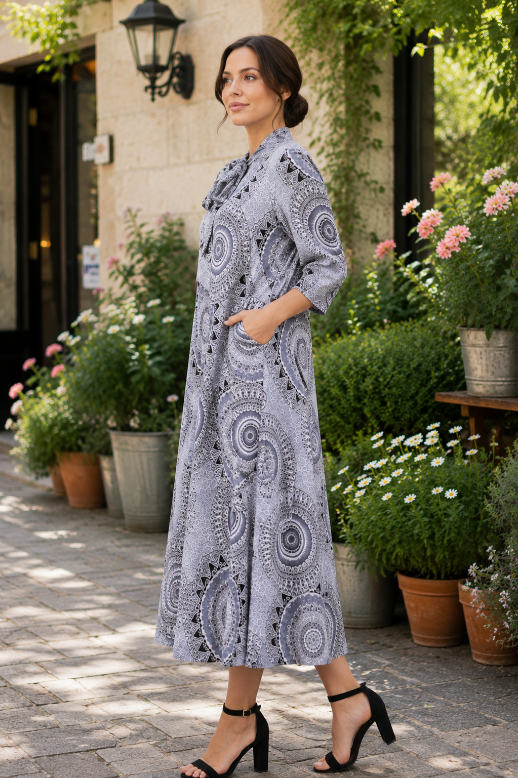 NEW! "Gretchen" Gray Print Aline Dress: S-3X