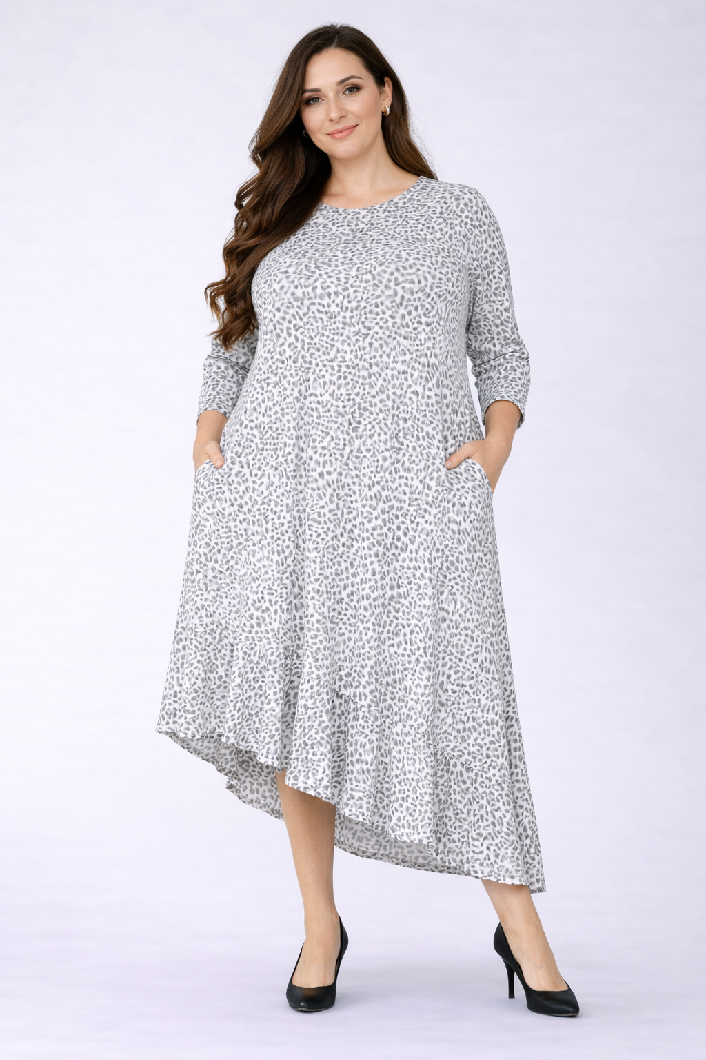 "Gracie" T-Shirt, Gray Leopard Plus  "T-shirt) Dress: 1X-3X FINAL SALE! Cannot Be Returned!