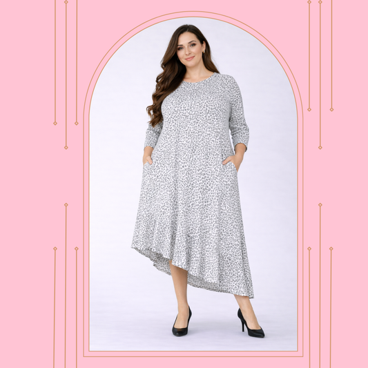 "Gracie" T-Shirt, Gray Leopard Plus  "T-shirt) Dress: 1X-3X FINAL SALE! Cannot Be Returned!