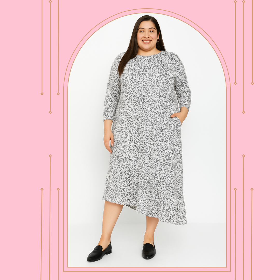 NEW! "Gracie" Gray Cheetah Plus Dress: 1X-3X  Arriving in Stock: 11/5