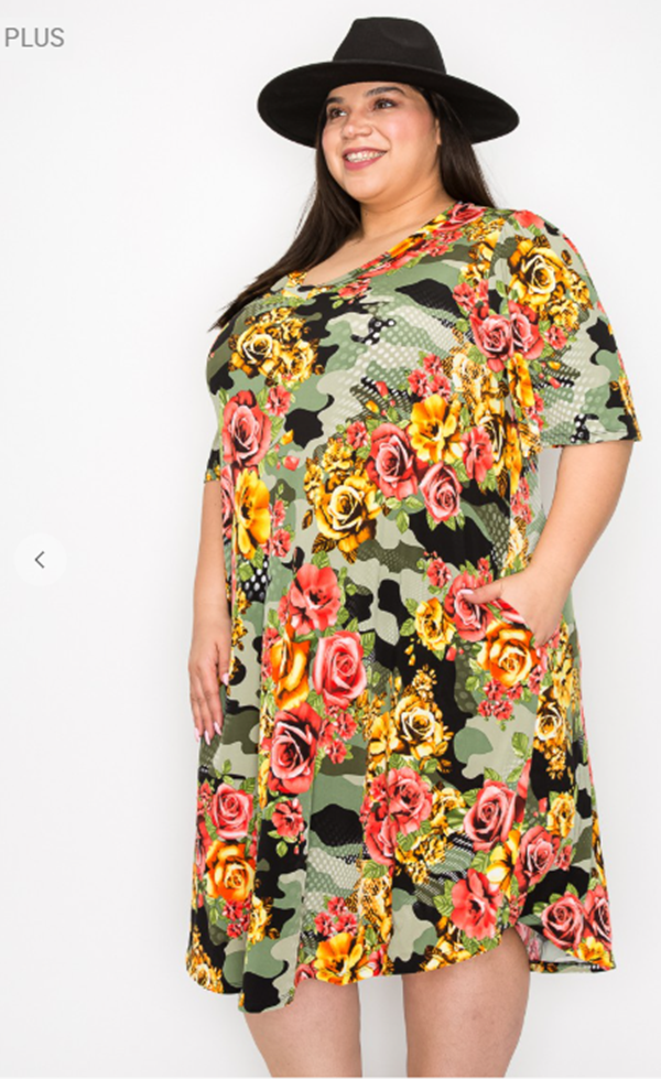 NEW! Green Camo/Roses Dress: 1X-3X