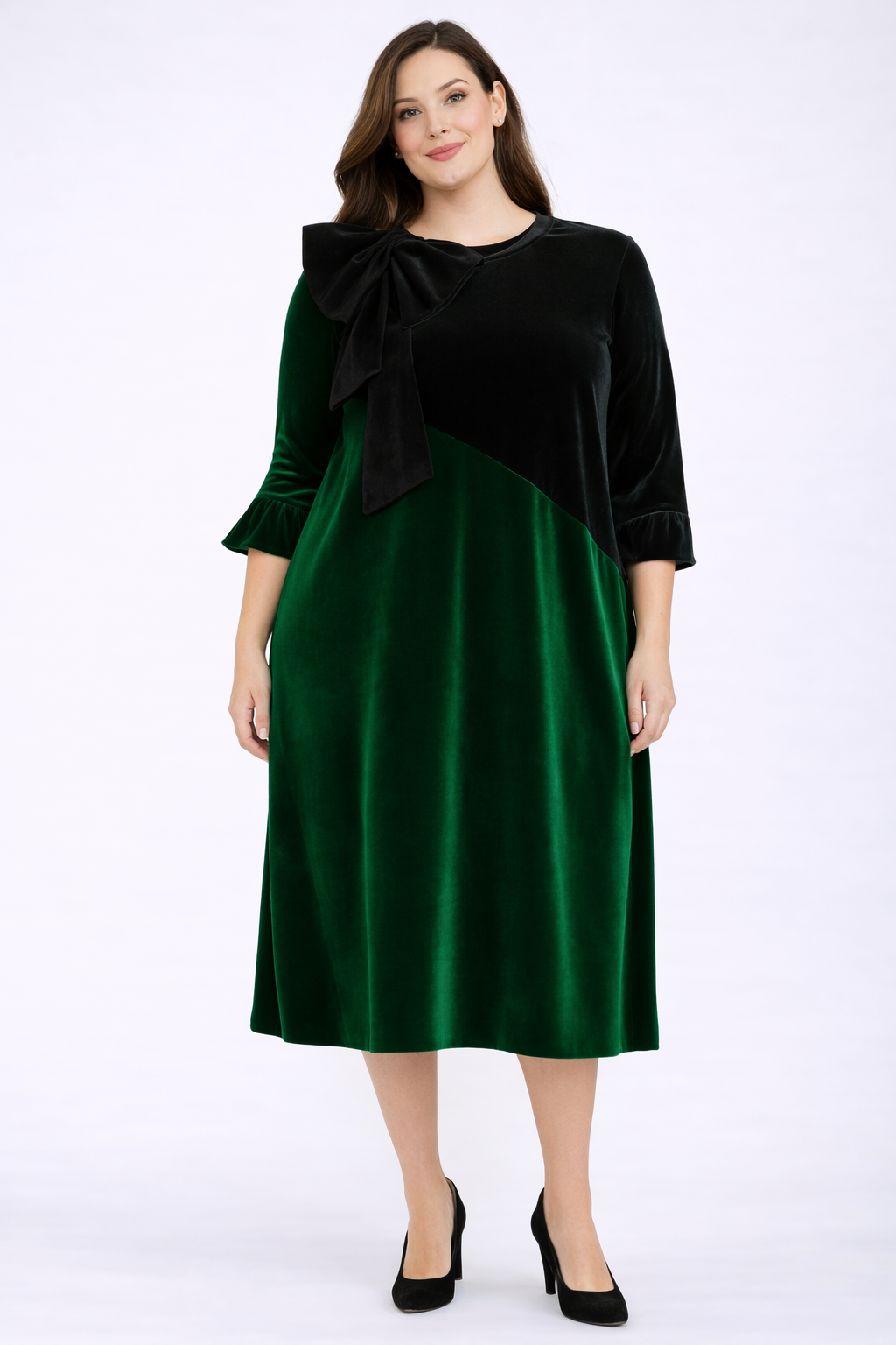 Green/Black Velvet Dress! M-3X. FINAL SALE! Cannot Be Returned!